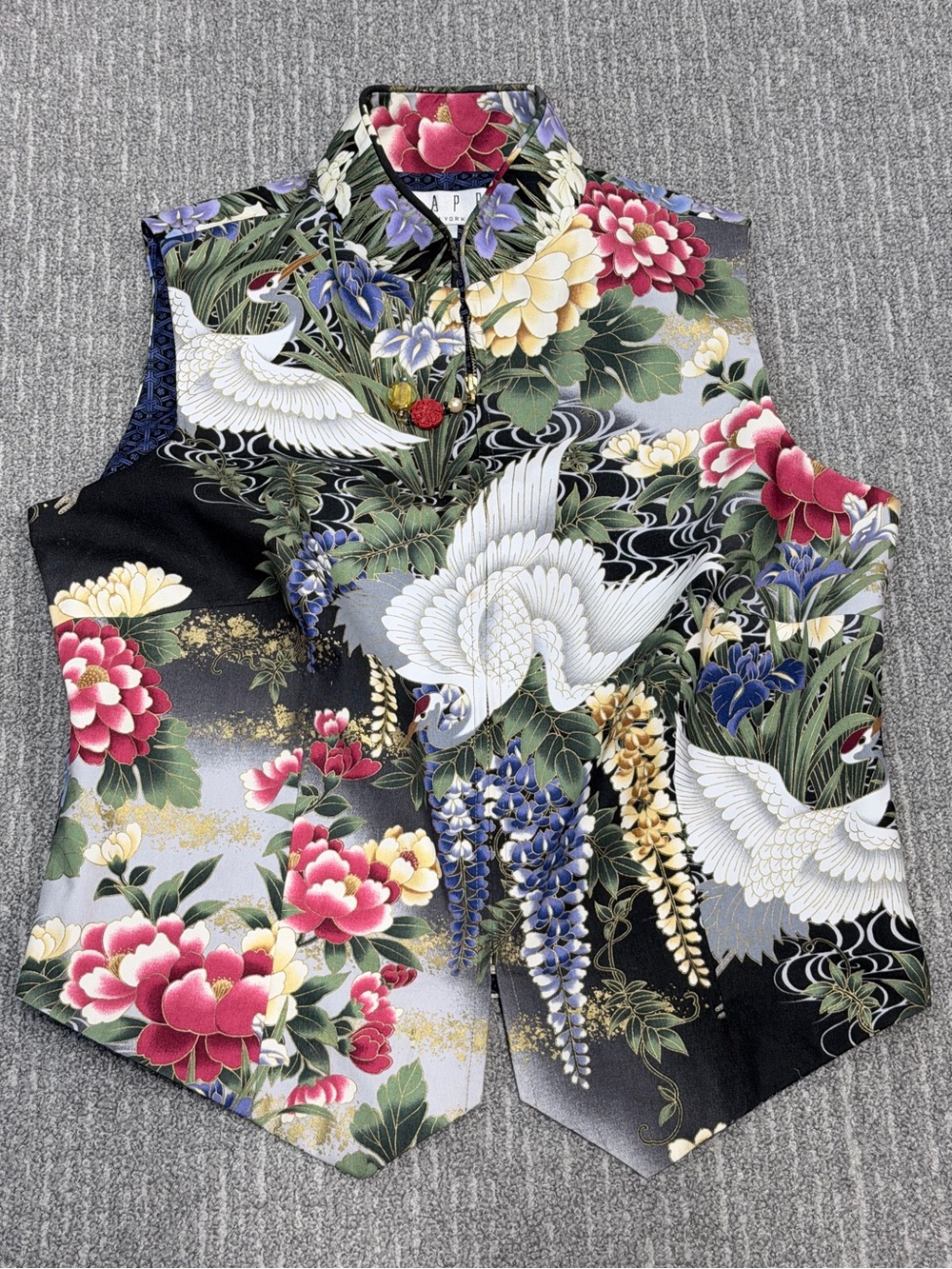 Black Floral Crane 100% Cotton Vest with Multicolor Botanical Print
